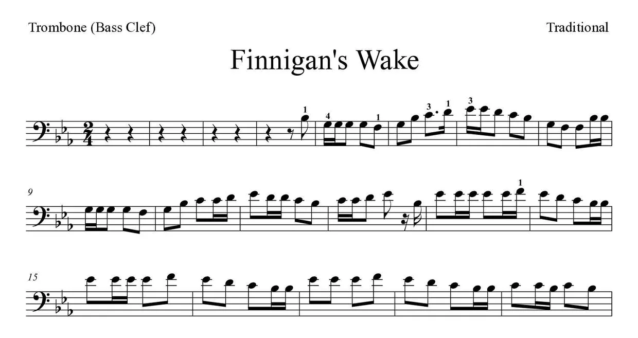 Bladmuziek van Finnigan's Wake voor trombone, eerste regels