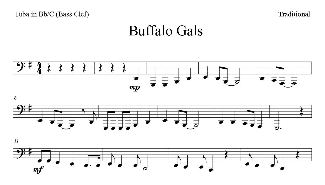 Bladmuziek van Buffalo Gals voor tuba in Bb/C (bass clef), eerste regels