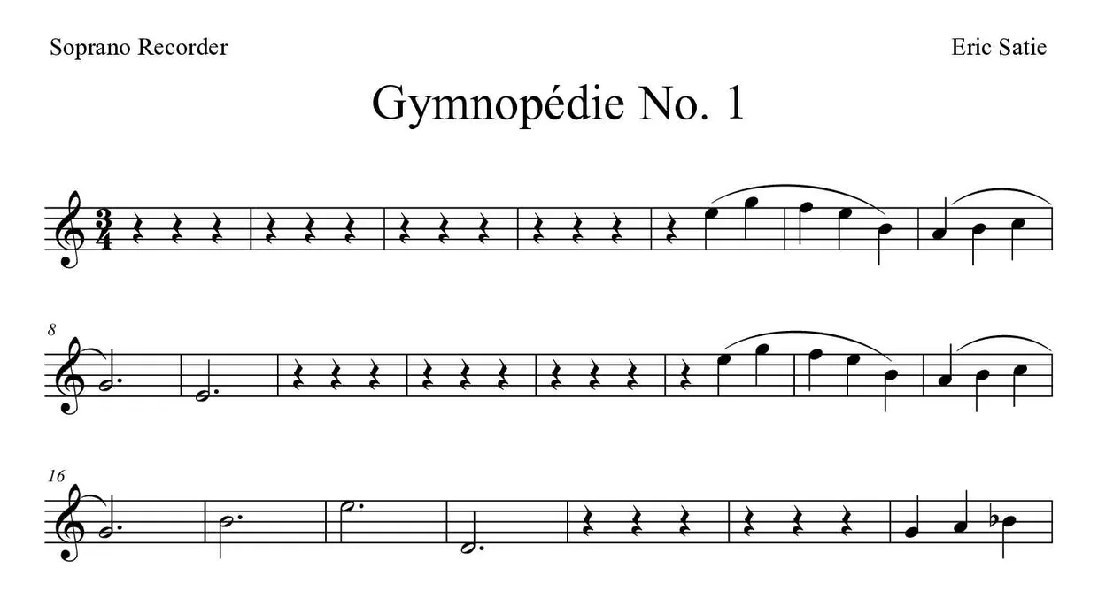 Bladmuziek van Gymnopédie No. 1 voor recorder, eerste regels