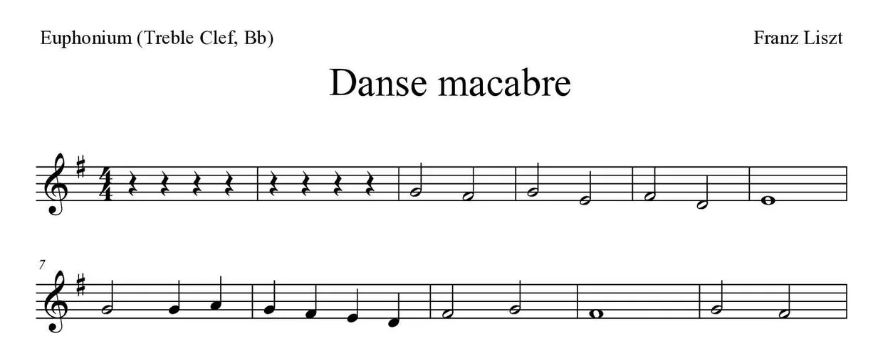 Partitura de Danse macabre para bombardino (clave de Sol, Sib), primeras líneas
