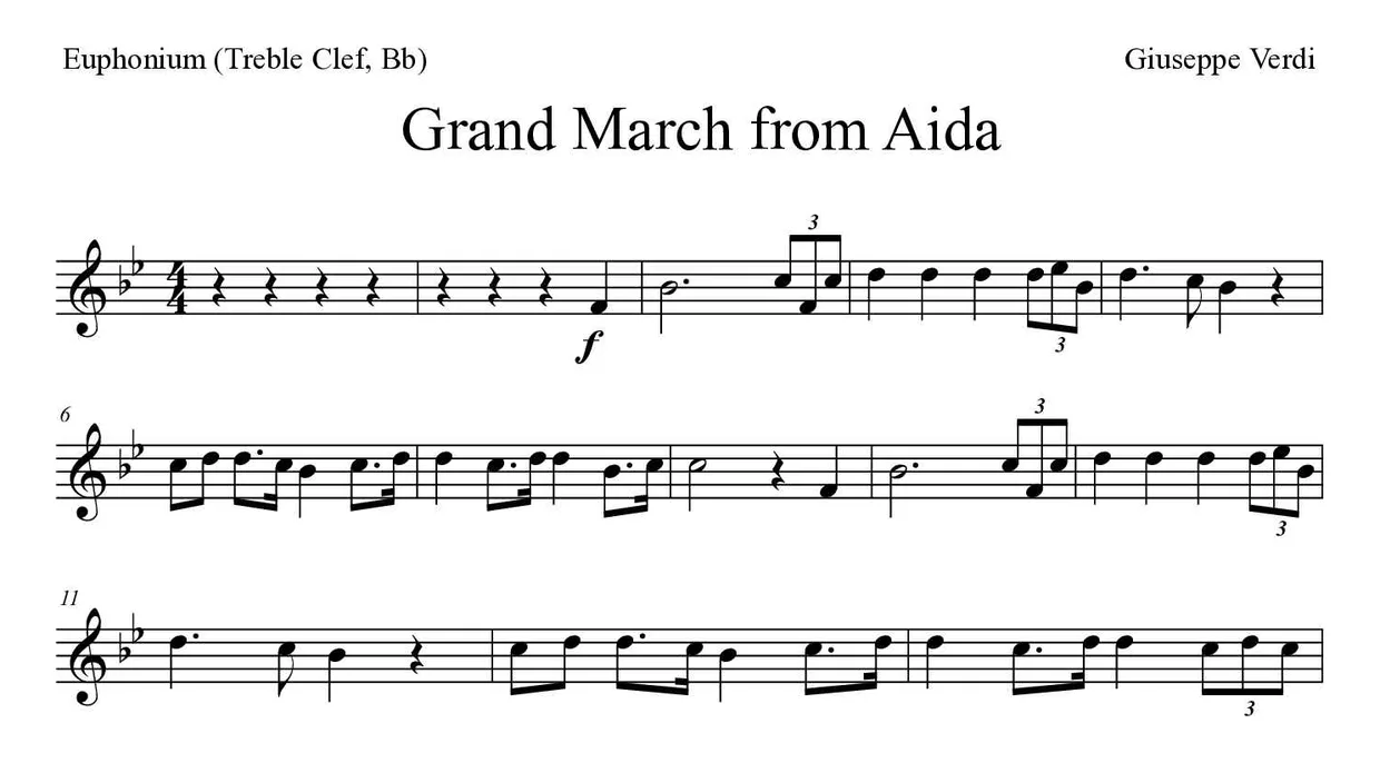 Sheet music of Grand March from Aida for euphonium (treble clef, Bb) (Hard), first lines