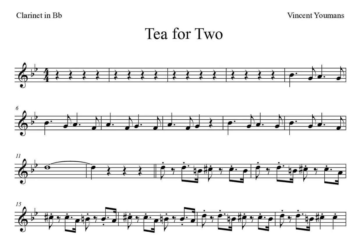 Partitura de Tea for Two para clarinete, primeras líneas