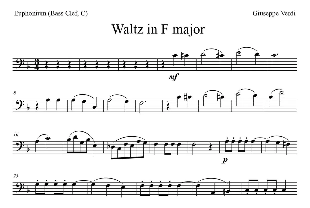 「Waltz in F major」Euphonium (Bass Clef, C)用楽譜の最初の数段