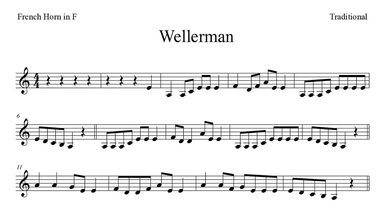 Partitura de Wellerman para trompa, primeras líneas