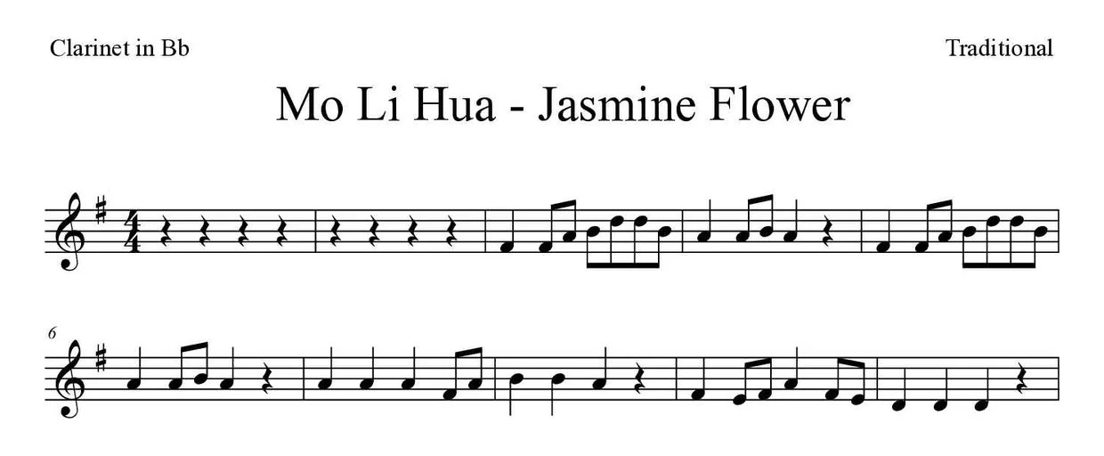 ‘Mo Li Hua - Jasmine Flower’ Clarinet 악보의 첫 몇 줄