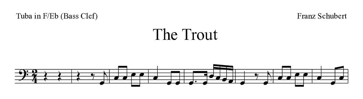 Partitura de The Trout para tuba en Fa/Mib (clave de Fa), primeras líneas
