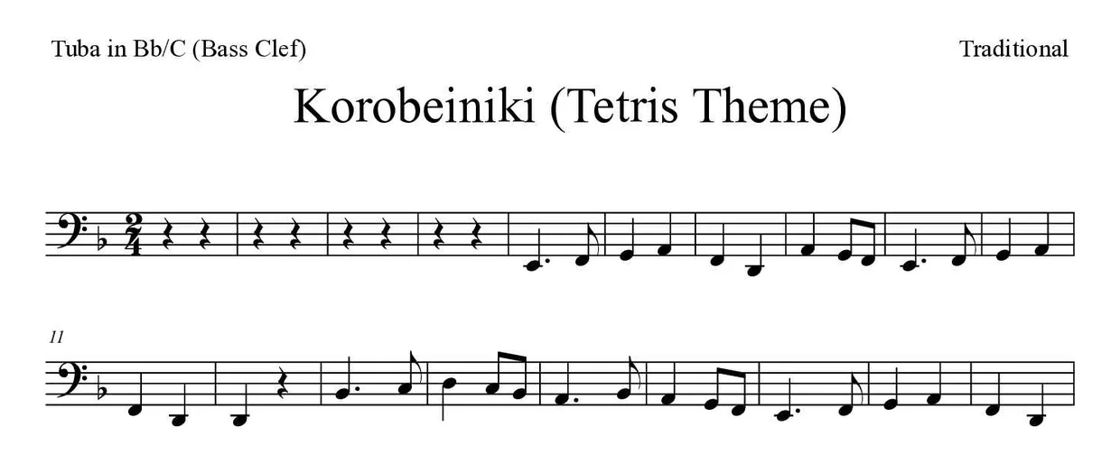 Noten von Korobeiniki (Tetris Theme) für Tuba in B/C (Bassschlüssel) (Schwer), erste Zeilen