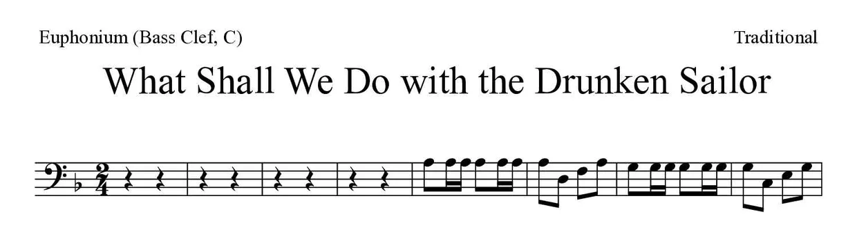 Bladmuziek van What Shall We Do with the Drunken Sailor voor euphonium (bass clef, C), eerste regels