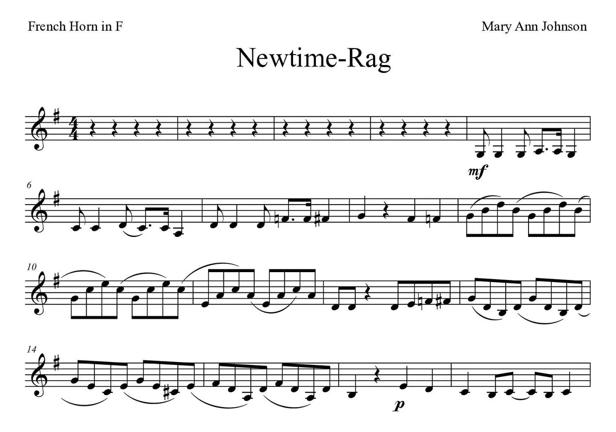 「Newtime-Rag」French Horn用楽譜の最初の数段