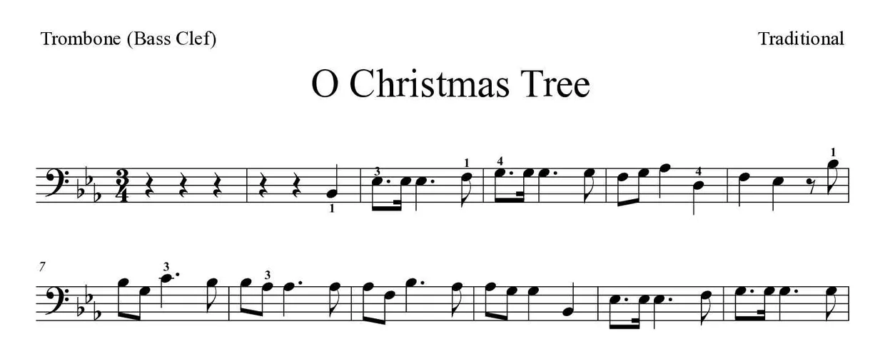 Sheet music of O Christmas Tree for trombone (Medium), first lines