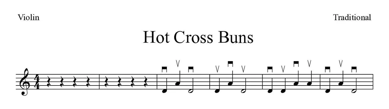 Partitura de Hot Cross Buns para violín, primeras líneas