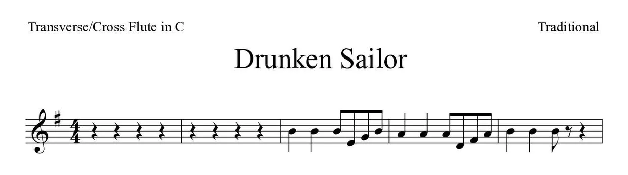 Sheet music of Drunken Sailor for flute (Easy), first lines
