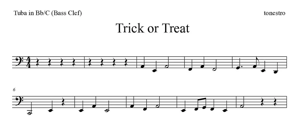 Bladmuziek van Trick or Treat voor tuba in Bb/C (bass clef), eerste regels