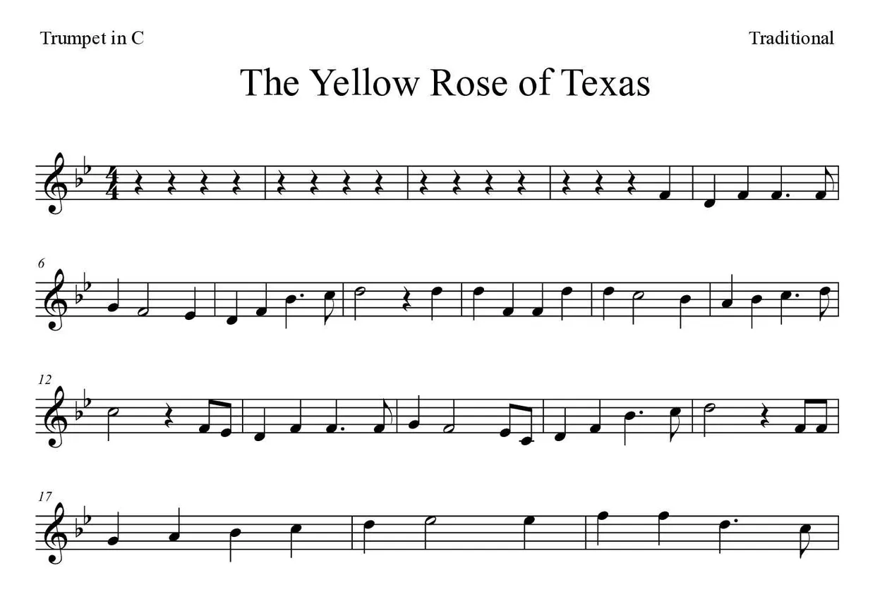 Partition de The Yellow Rose of Texas pour trompette en do, premières lignes