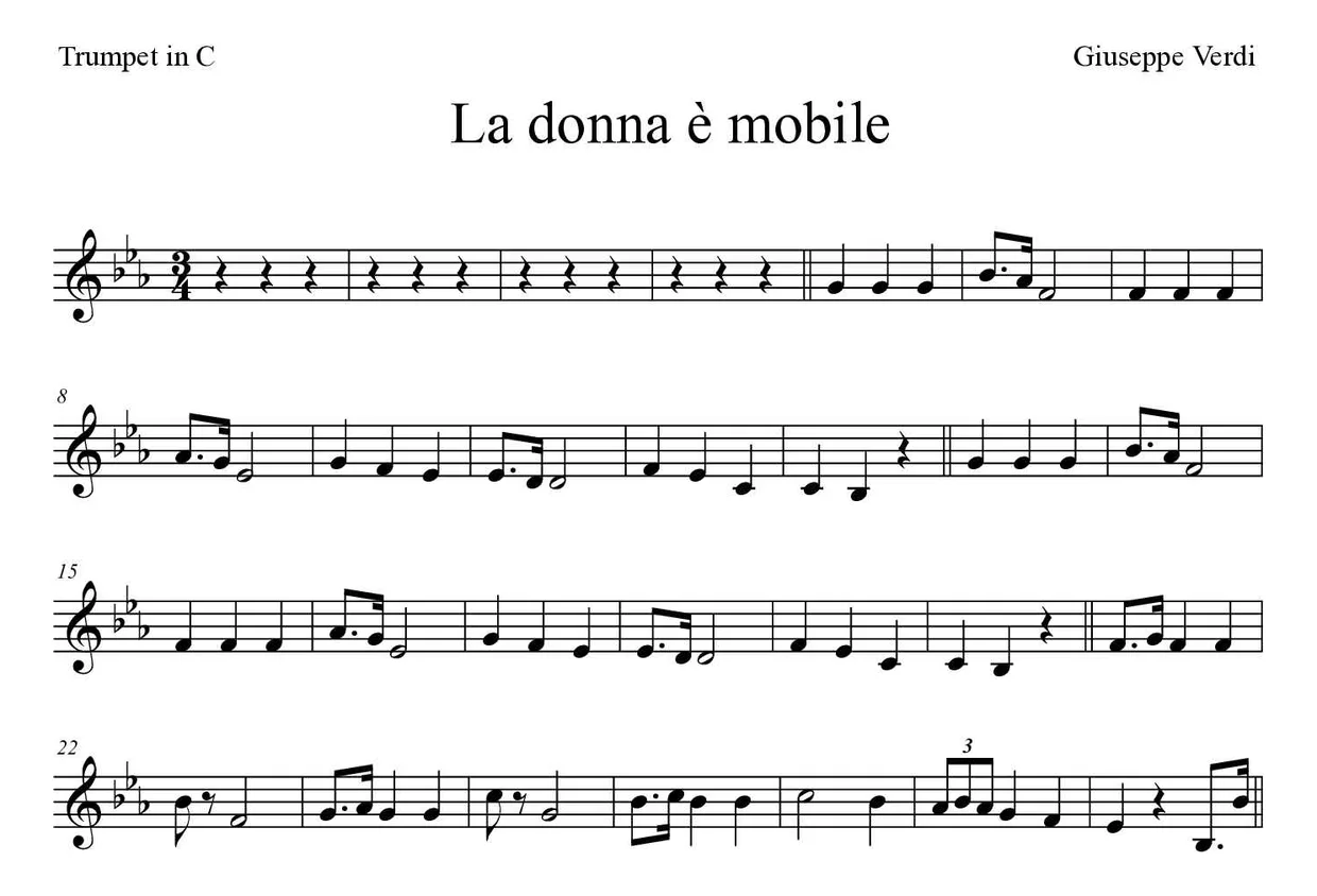 ‘La donna è mobile’ Trumpet in C 악보의 첫 몇 줄