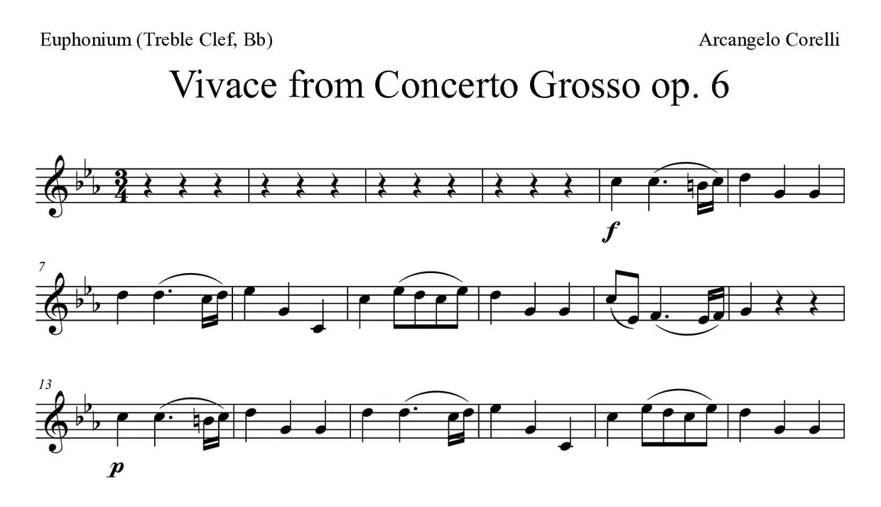 Sheet music of Vivace from Concerto Grosso op. 6 for euphonium (treble clef, Bb) (Hard), first lines