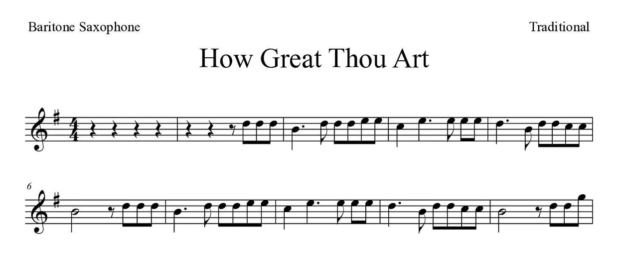 Partitura de How Great Thou Art para saxofone barítono, primeiras linhas