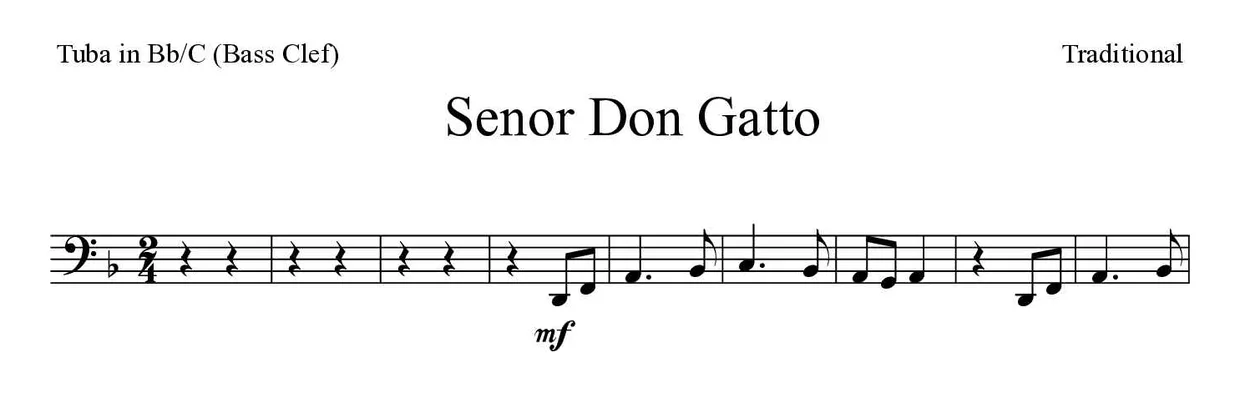 Sheet music of Senor Don Gatto for tuba in Bb/C (bass clef) (Medium), first lines