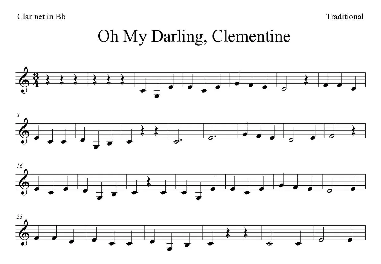 「Oh My Darling, Clementine」Clarinet用楽譜の最初の数段