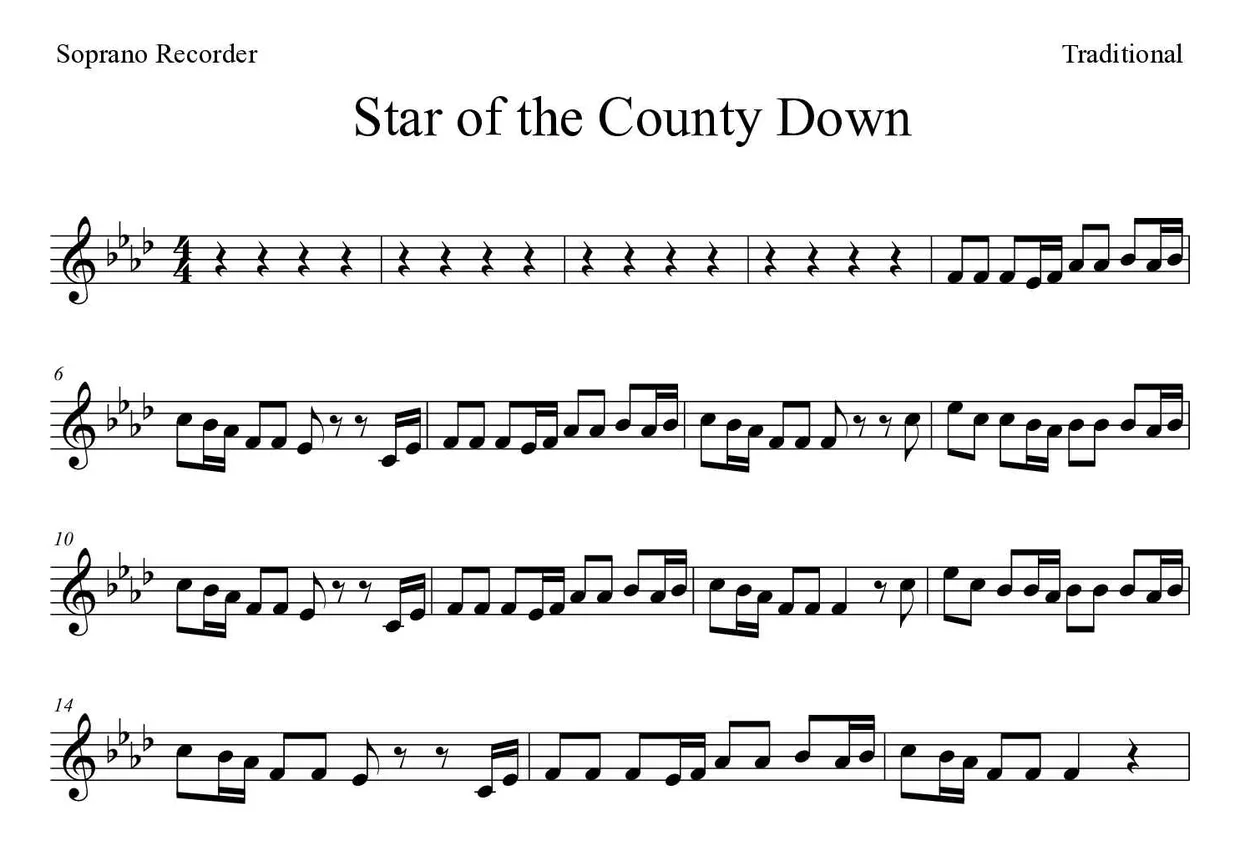 Partitura de Star of the County Down para flauta de bisel, primeiras linhas