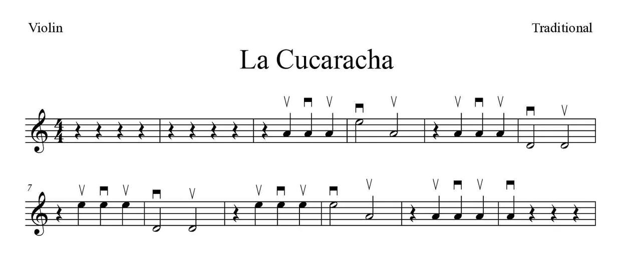 Partition de La Cucaracha pour violon, premières lignes