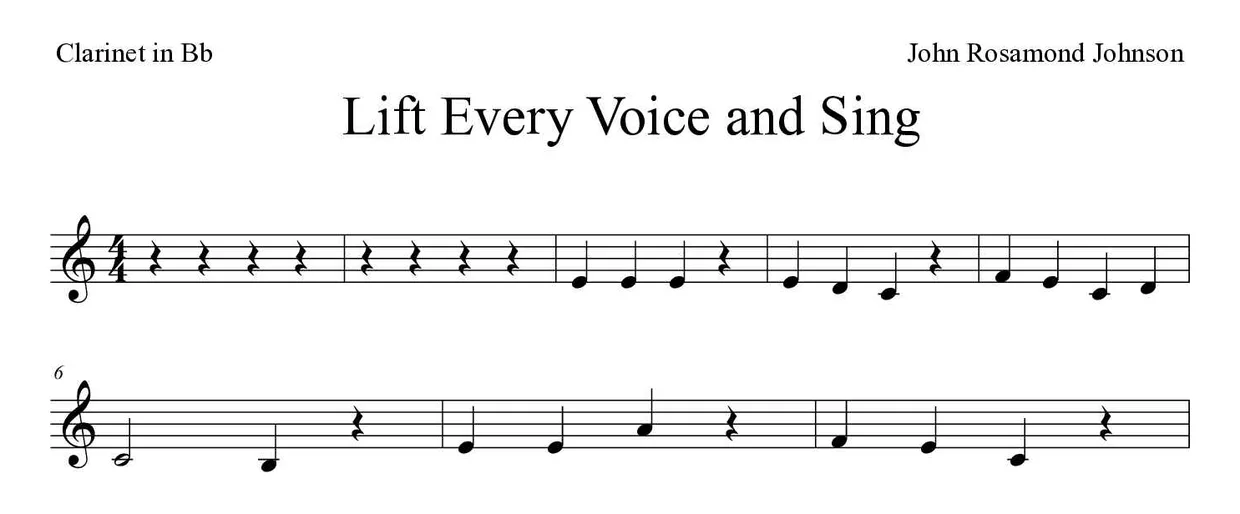 Partitura de Lift Every Voice and Sing para clarinete, primeras líneas