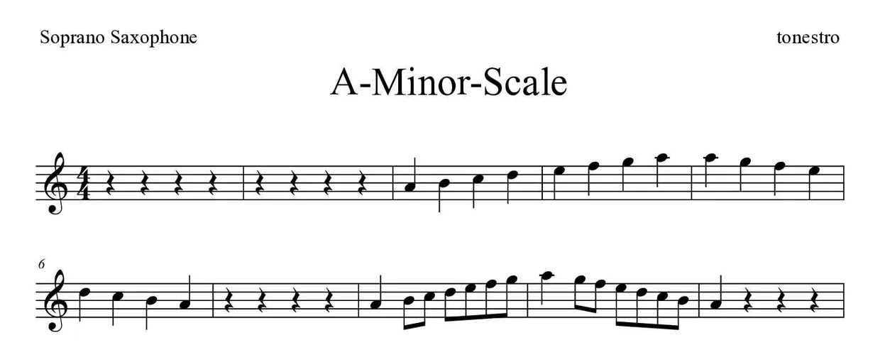 Bladmuziek van A-Minor-Scale voor soprano saxophone, eerste regels