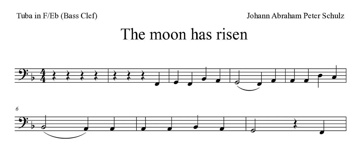 Sheet music of The moon has risen for tuba in F/Eb (bass clef) (Easy), first lines