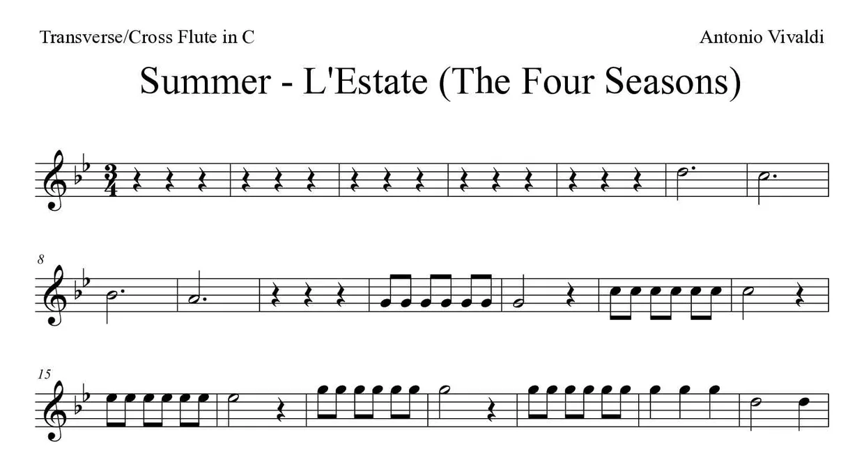 Bladmuziek van Summer - L'Estate (The Four Seasons) voor flute, eerste regels