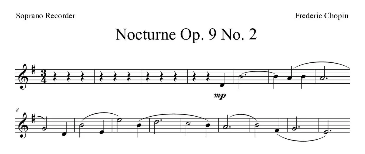 Sheet music of Nocturne Op. 9 No. 2 for recorder (Hard), first lines
