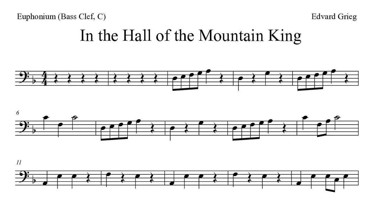 Sheet music of In the Hall of the Mountain King for euphonium (bass clef, C) (Medium), first lines