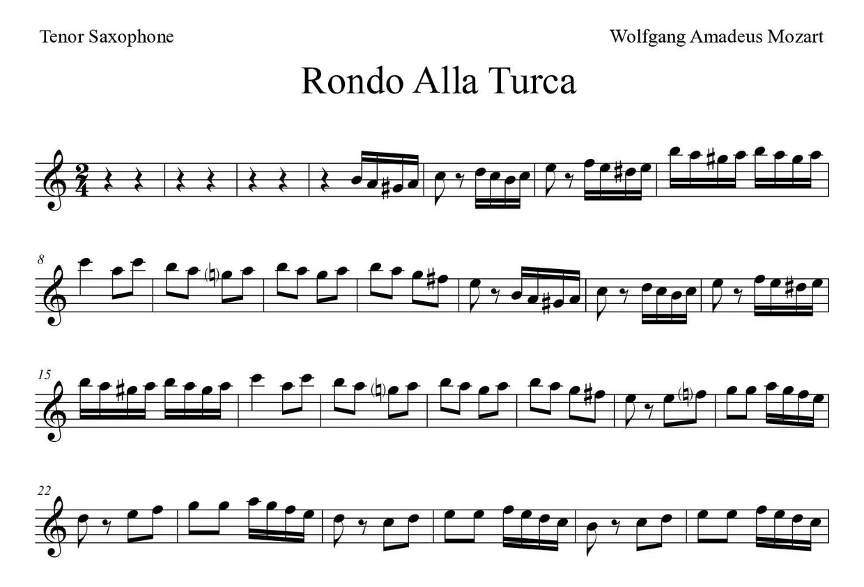 ‘Rondo Alla Turca’ Tenor Saxophone 악보의 첫 몇 줄