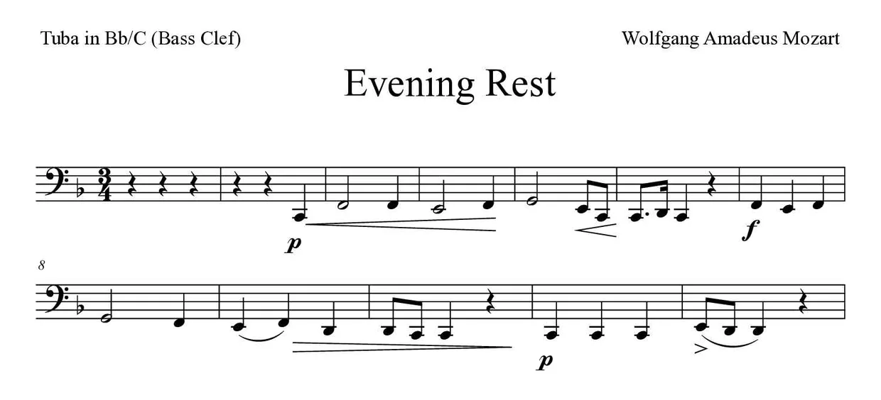 《Evening Rest》降B/C调大号（低音谱号）乐谱前几行