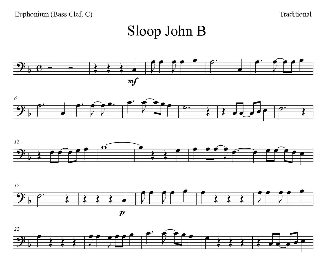 Partitura de Sloop John B para bombardino (clave de Fa, C), primeras líneas