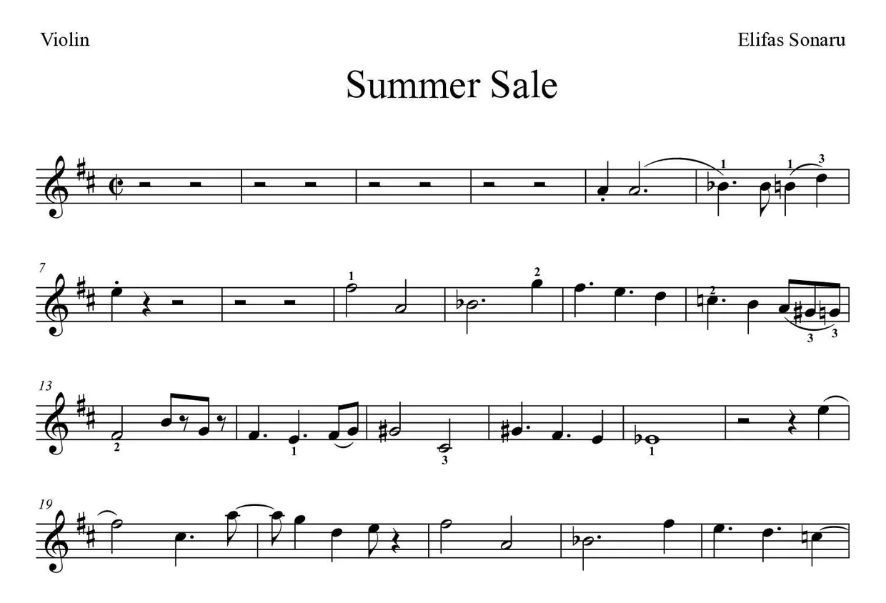 「Summer Sale」Violin用楽譜の最初の数段