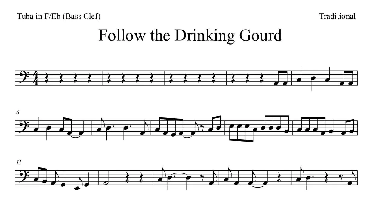 Partition de Follow the Drinking Gourd pour tuba en fa/mi bémol (clé de fa), premières lignes