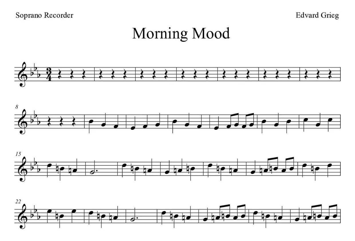 ‘Morning Mood’ Recorder 악보의 첫 몇 줄