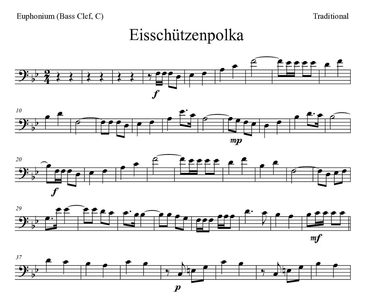 《Eisschützenpolka》上低音号（低音谱号，C）乐谱前几行