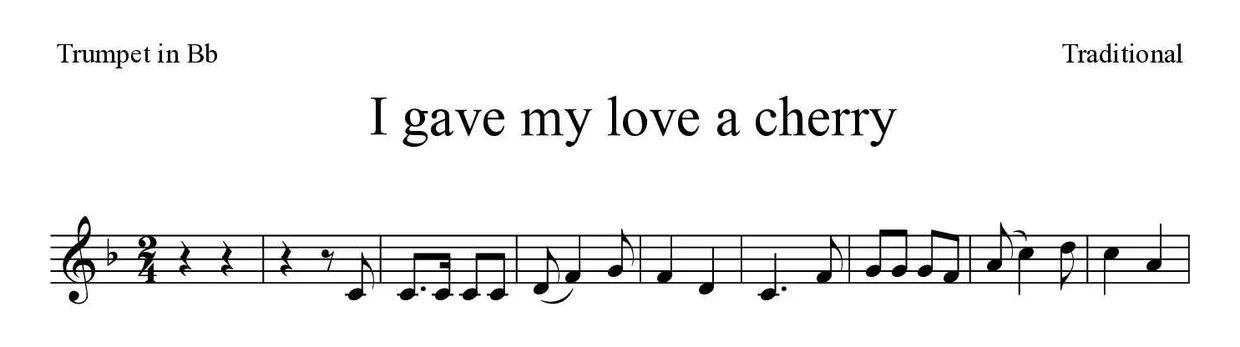 ‘I gave my love a cherry’ Trumpet in Bb 악보의 첫 몇 줄