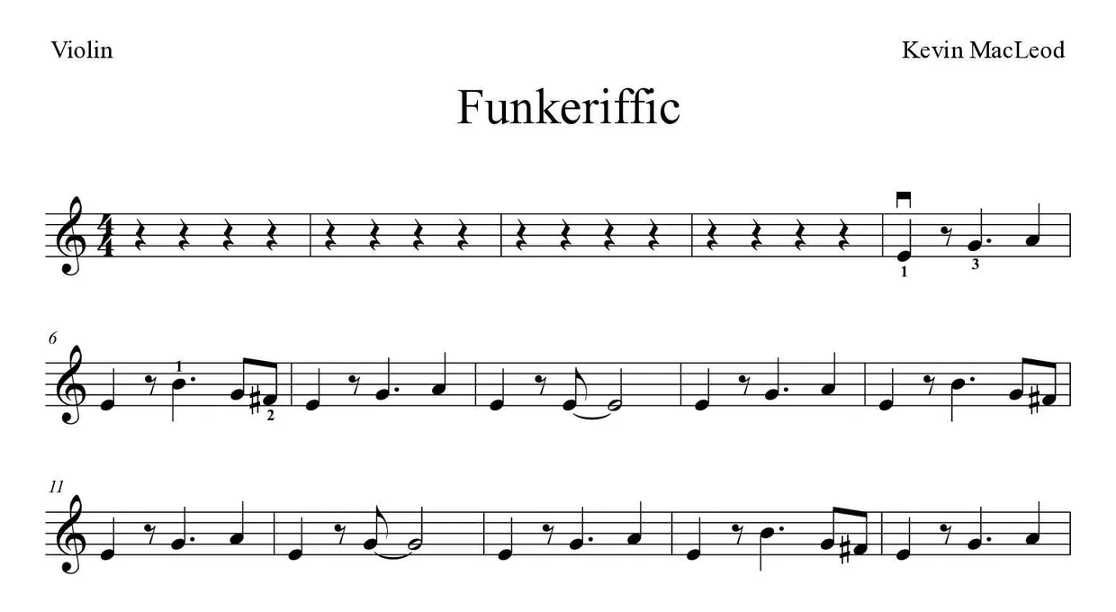 「Funkeriffic」Violin用楽譜の最初の数段