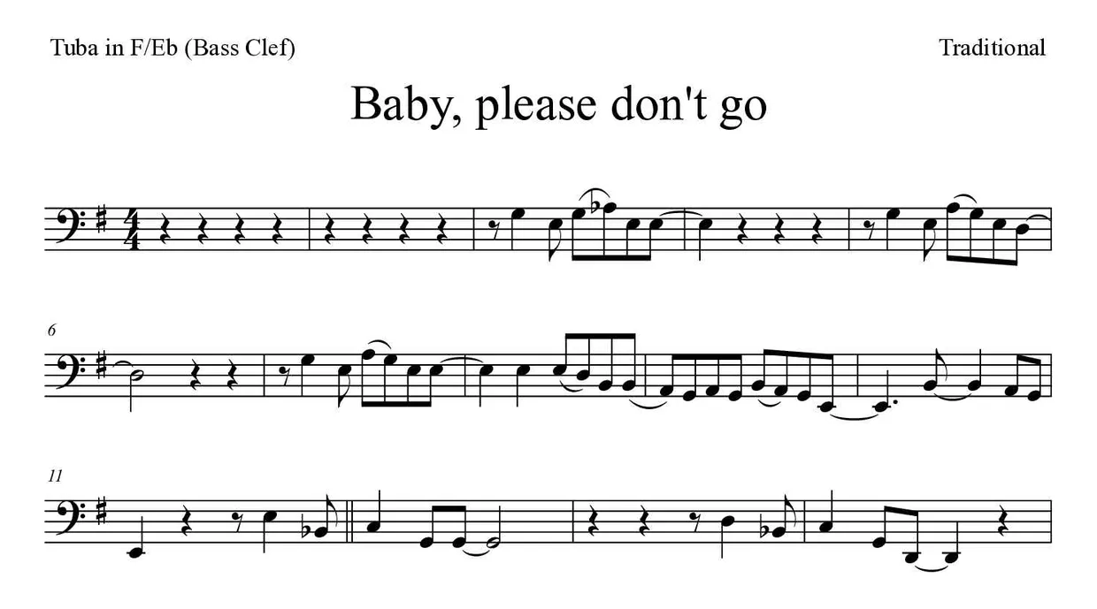Partitura de Baby, please don't go para tuba en Fa/Mib (clave de Fa), primeras líneas
