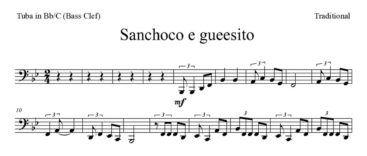 Noten von Sanchoco e gueesito für Tuba in B/C (Bassschlüssel) (Experte), erste Zeilen