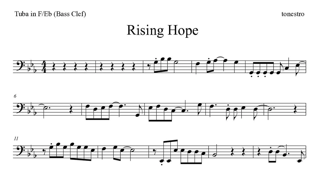 Partitura de Rising Hope para tuba em Fá/Mib (clave de Fa), primeiras linhas