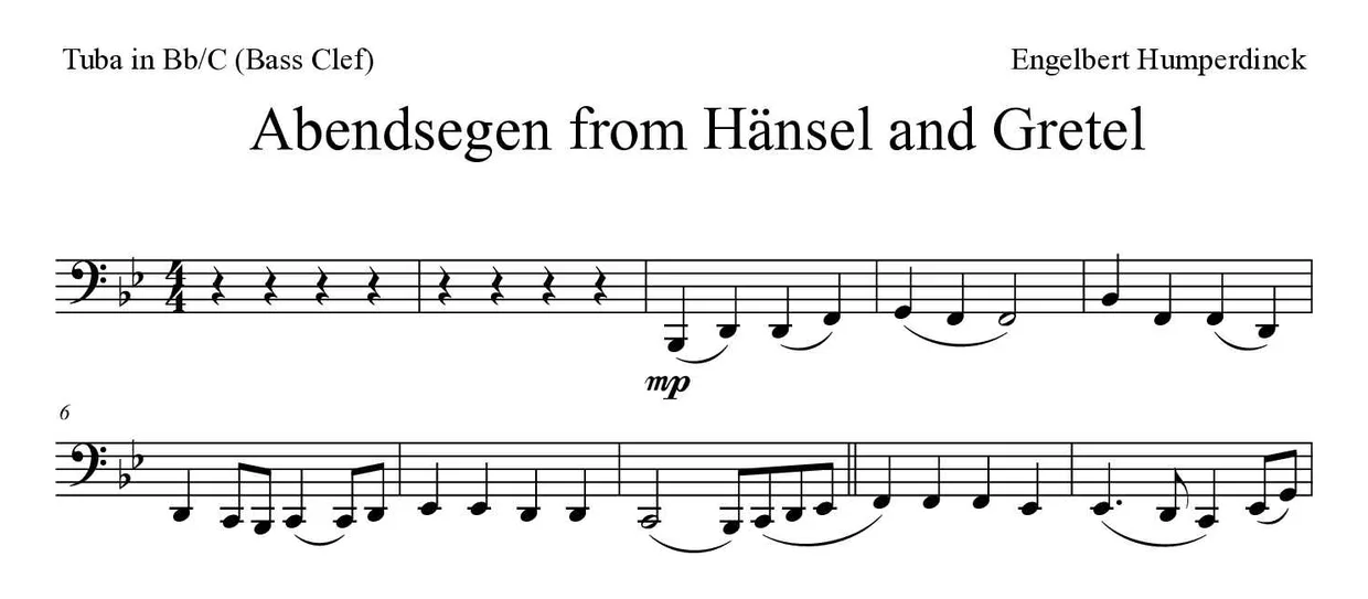 《Abendsegen from Hänsel and Gretel》降B/C调大号（低音谱号）乐谱前几行