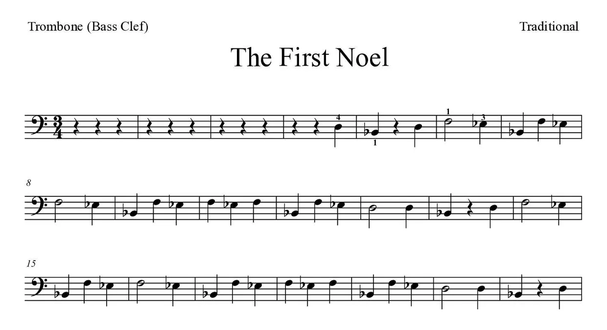 Partitura de The First Noel para trombone, primeiras linhas