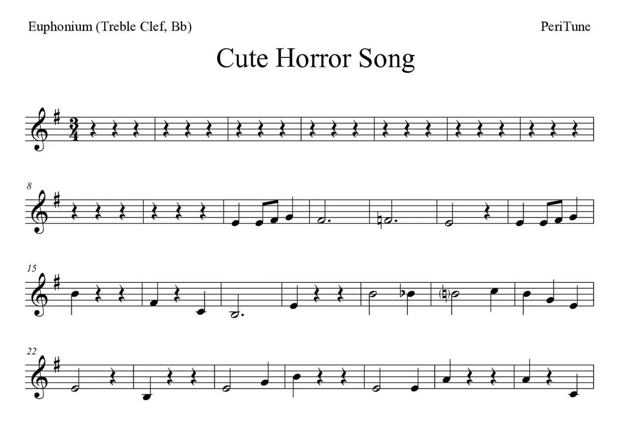 ‘Cute Horror Song’ Euphonium (Treble Clef, Bb) 악보의 첫 몇 줄
