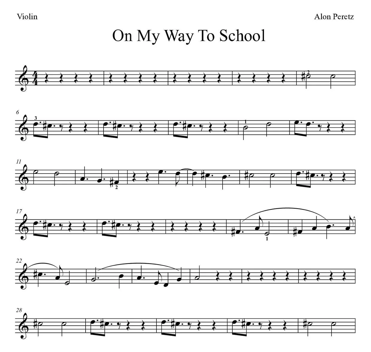 Partitura de On My Way To School para violín, primeras líneas