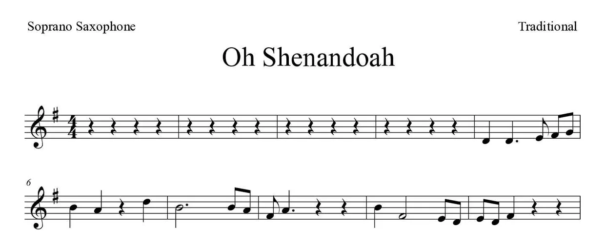 Noten von Oh Shenandoah für Sopransaxophon (Einfach), erste Zeilen