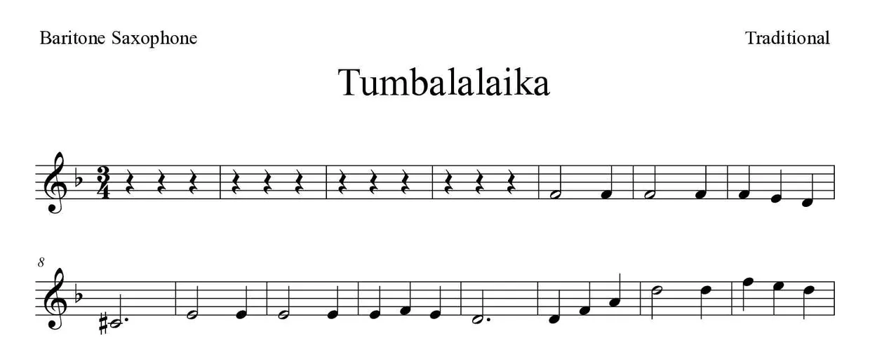 ‘Tumbalalaika’ Baritone Saxophone 악보의 첫 몇 줄