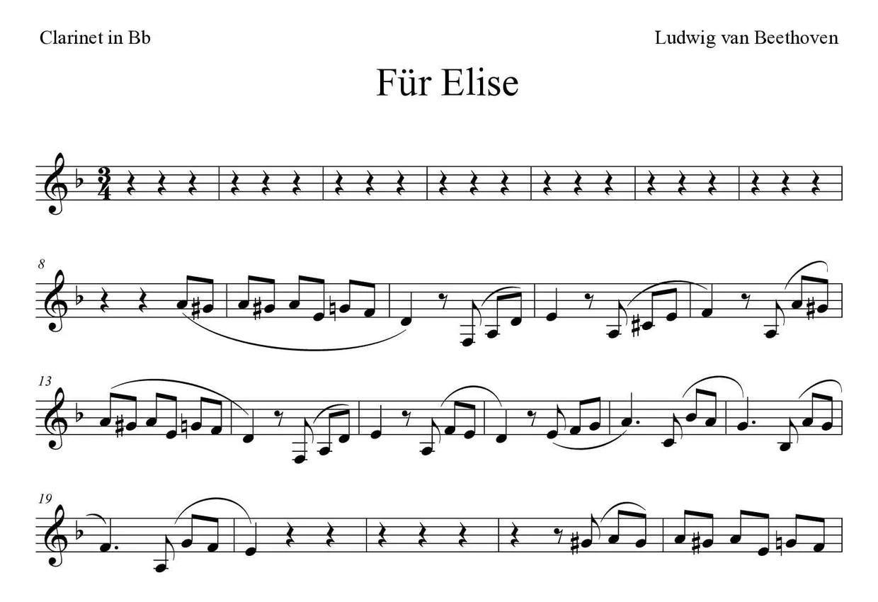 Partition de Für Elise pour clarinette, premières lignes